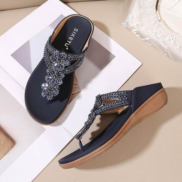 Soft Bottom Versatile Flower Beaded Sandal - Navy Blue