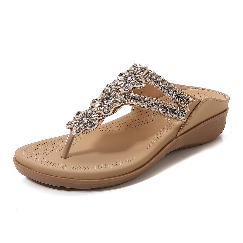 Soft Bottom Versatile Flower Beaded Sandal - Beige