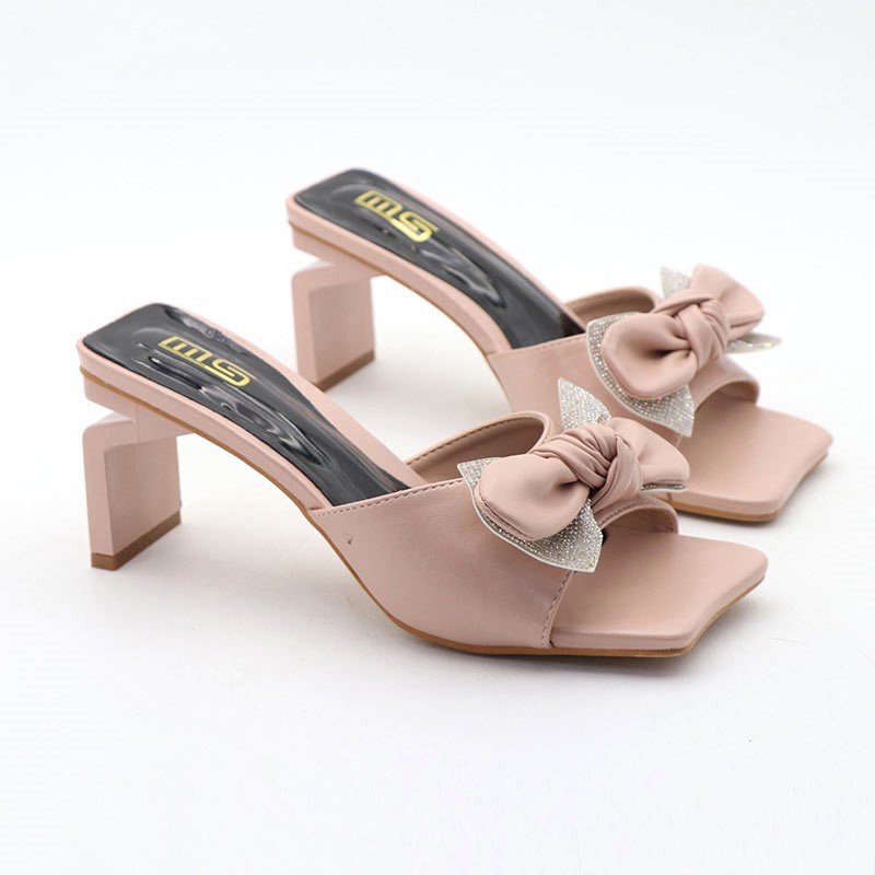 Square Head Stone Work Sparkle High Heel - Pink