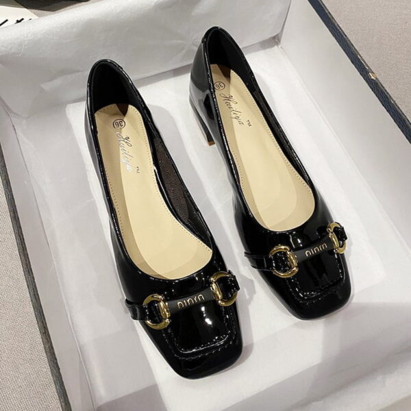 Square Toe Glossy Fancy Heel Pump Shoe - Black