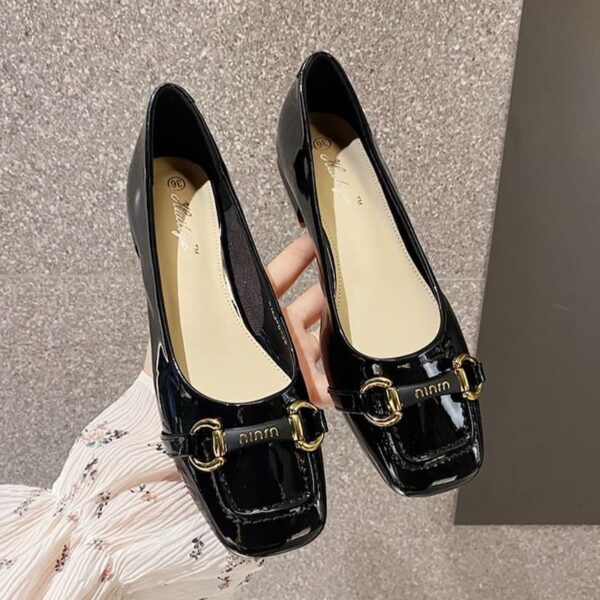 Square Toe Glossy Fancy Heel Pump Shoe - Black