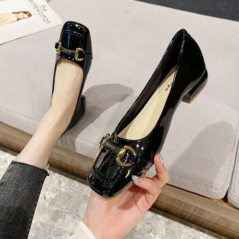 Square Toe Glossy Fancy Heel Pump Shoe - Black
