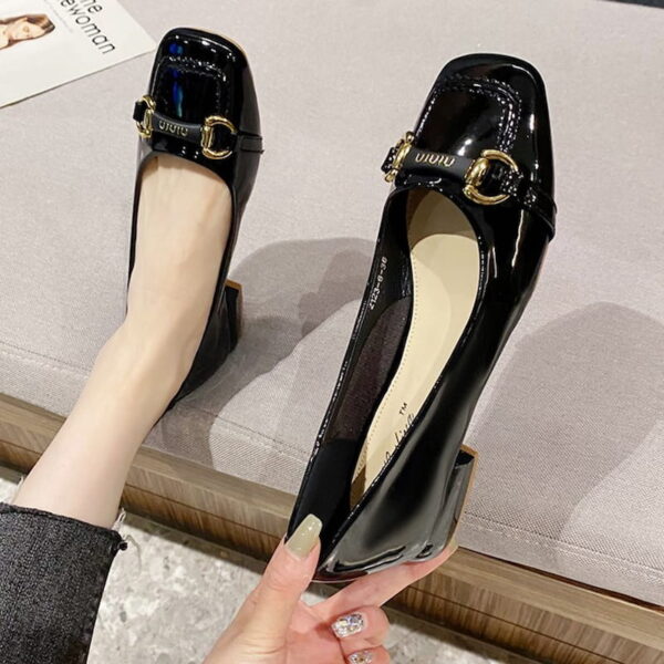 Square Toe Glossy Fancy Heel Pump Shoe - Black