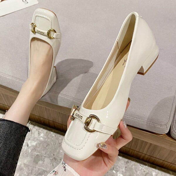 Square Toe Glossy Fancy Heel Pump Shoe - White