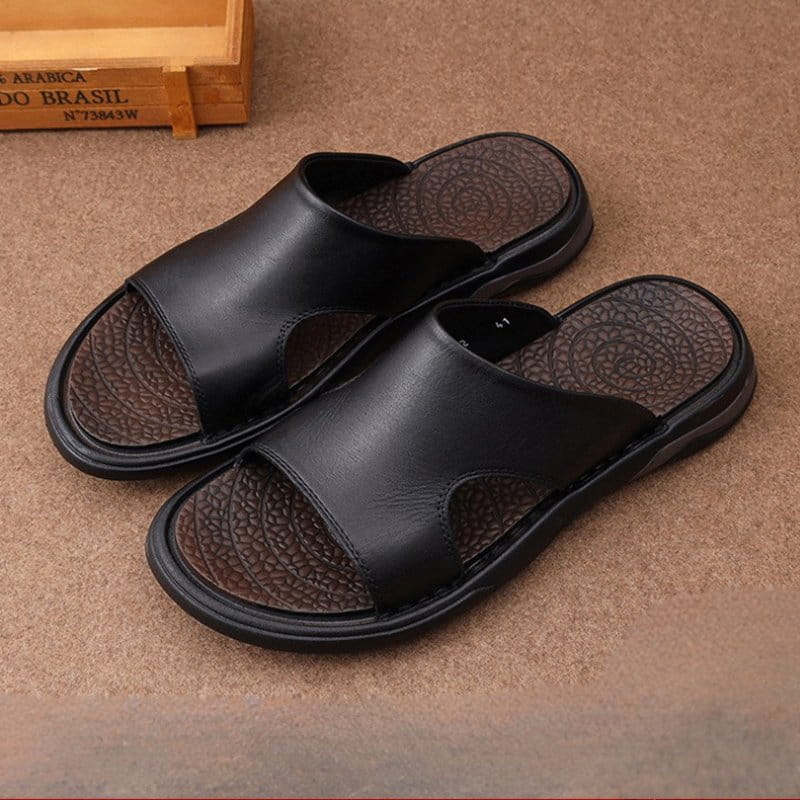 Summer Time Cozy Leather Slide Slipper - Black