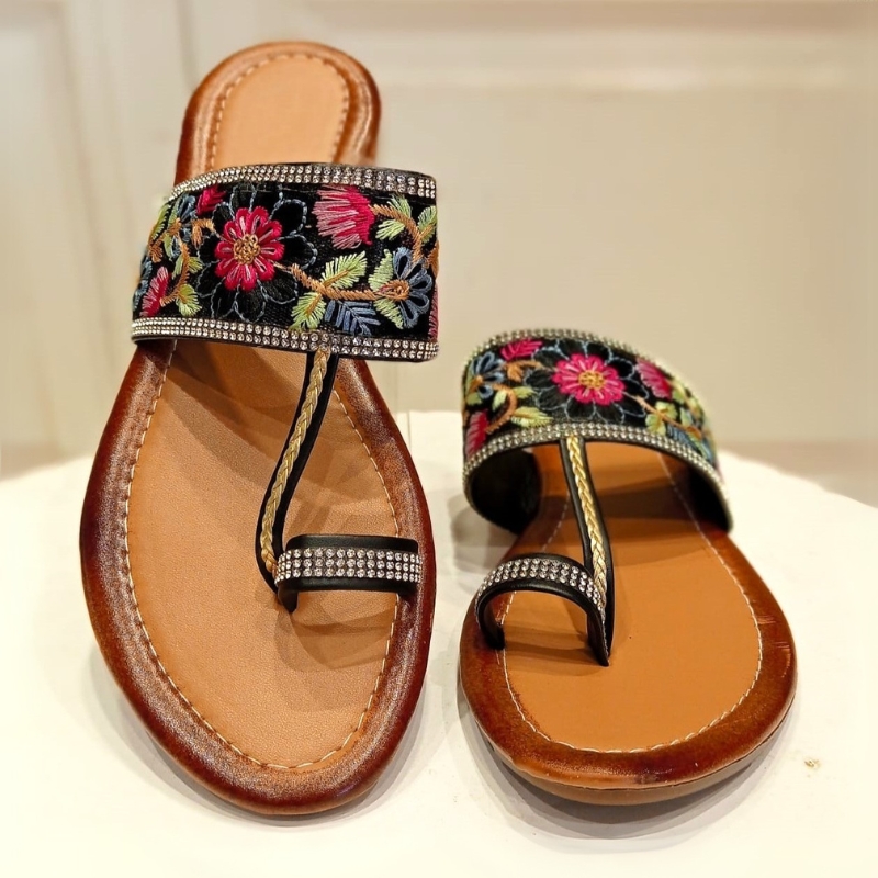 Orlass Floral Embossed Flat Sandal - Black
