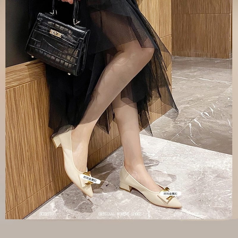 Pointed Toe Elegant Fairy Heel Pump Shoe - Beige