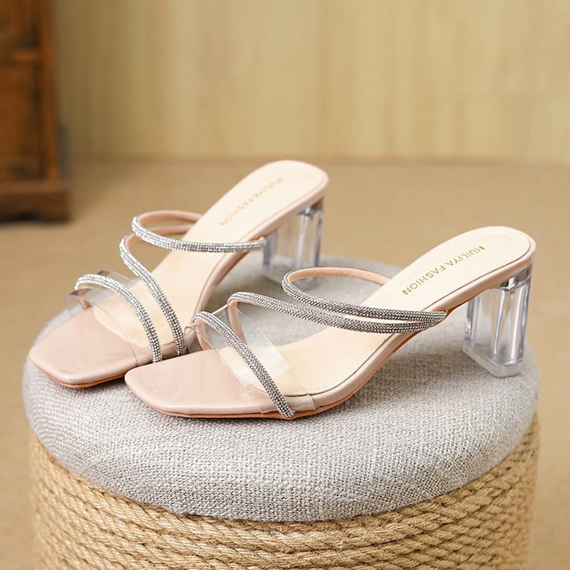 Rhinestone Transparent Strap High Heel - Pink