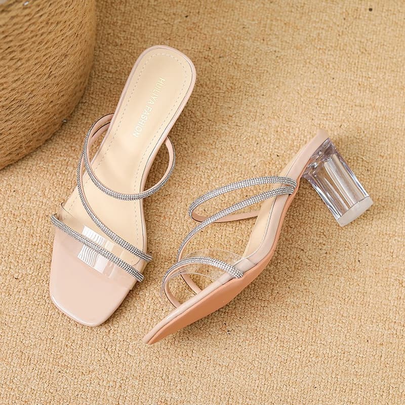 Rhinestone Transparent Strap High Heel - Pink