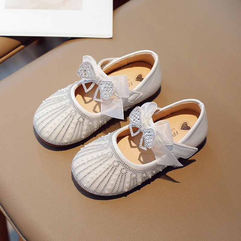 Fairy Bow Stone Work Soft Girls Dress Shoe - Silver