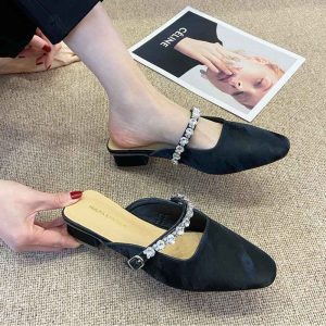French Style Stone Work Fancy Mule Shoe – Black