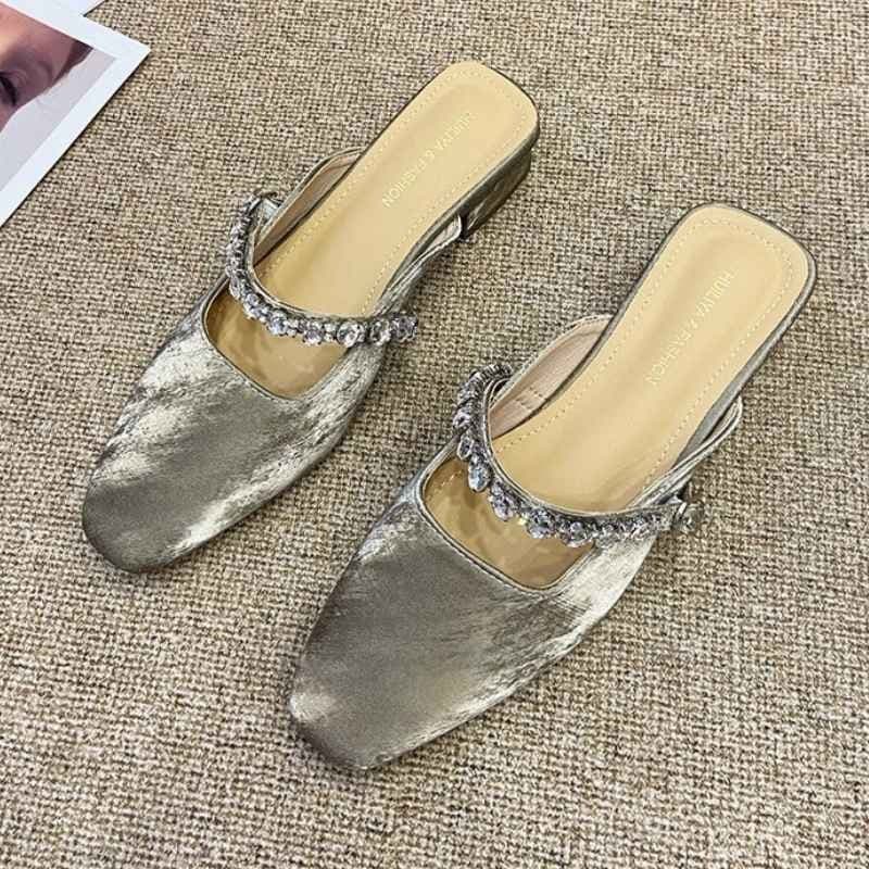 French Style Stone Work Fancy Mule Shoe - Khaki