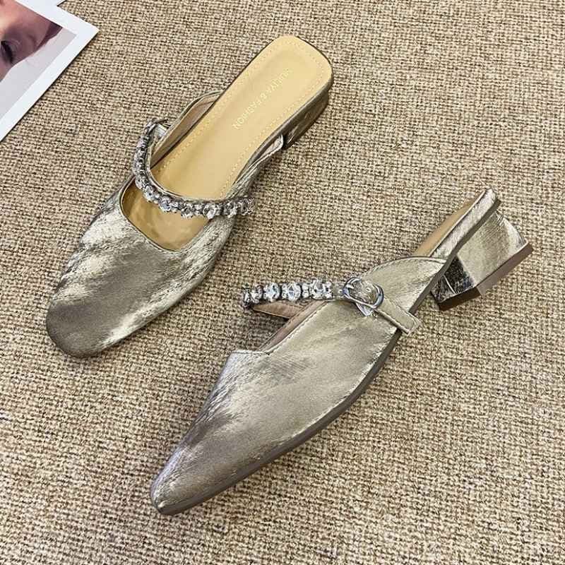 French Style Stone Work Fancy Mule Shoe - Khaki