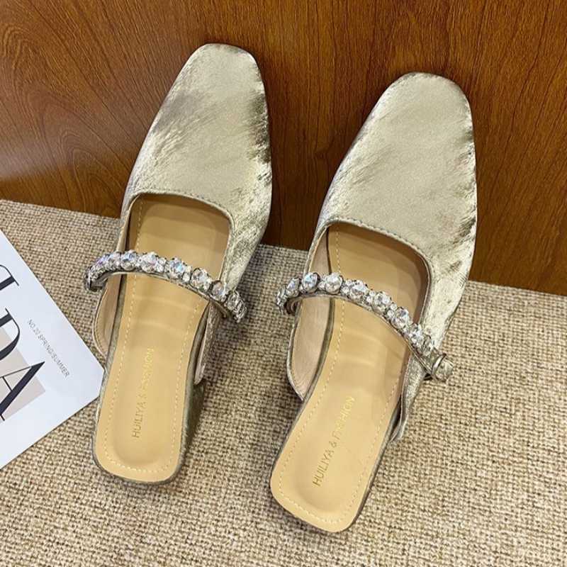 French Style Stone Work Fancy Mule Shoe - Khaki