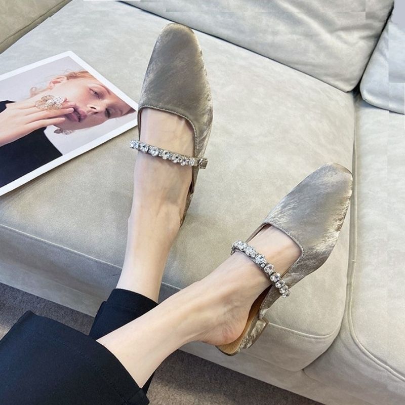 French Style Stone Work Fancy Mule Shoe - Khaki