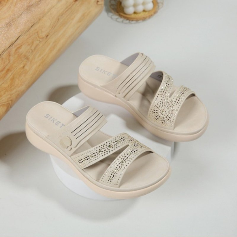 Lightweight Soft Stone Work Mid Heel Sandal - Beige