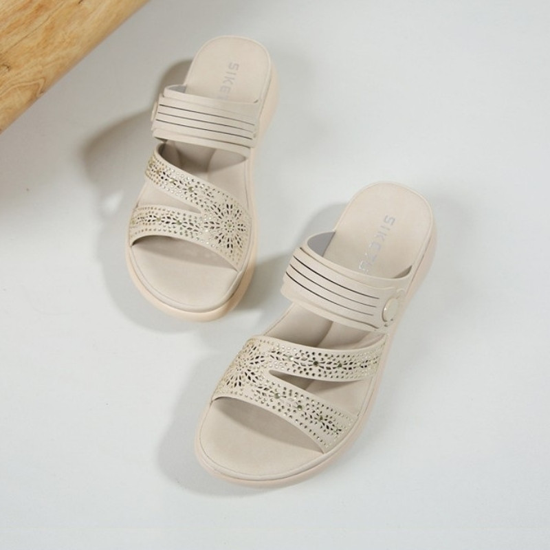 Lightweight Soft Stone Work Mid Heel Sandal - Beige