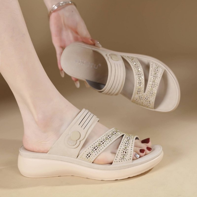 Lightweight Soft Stone Work Mid Heel Sandal - Beige