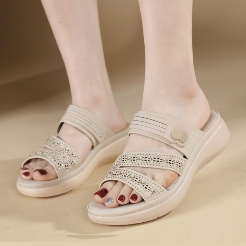 Lightweight Soft Stone Work Mid Heel Sandal - Beige