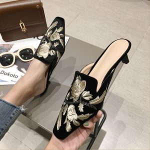 European Style Floral Embossed High Heel – Black