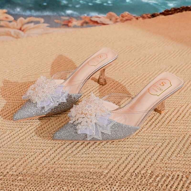 French Style Flower Beaded Fancy High Heel - Silver