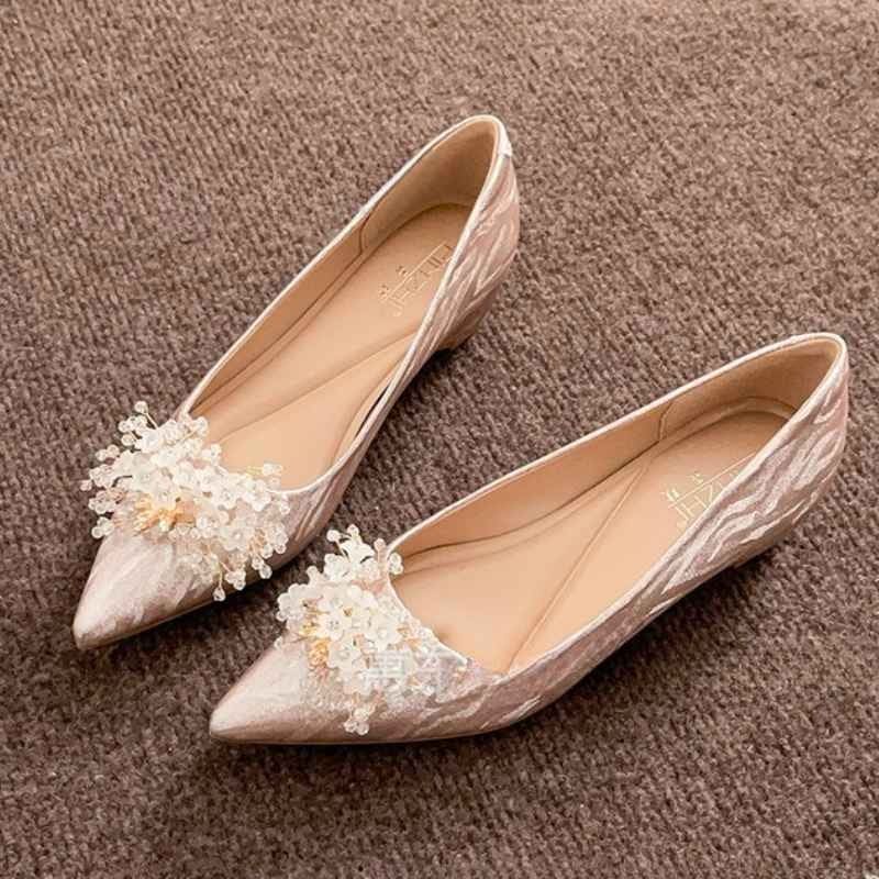 French Style Flower Beaded Heel Pump Shoe - Beige