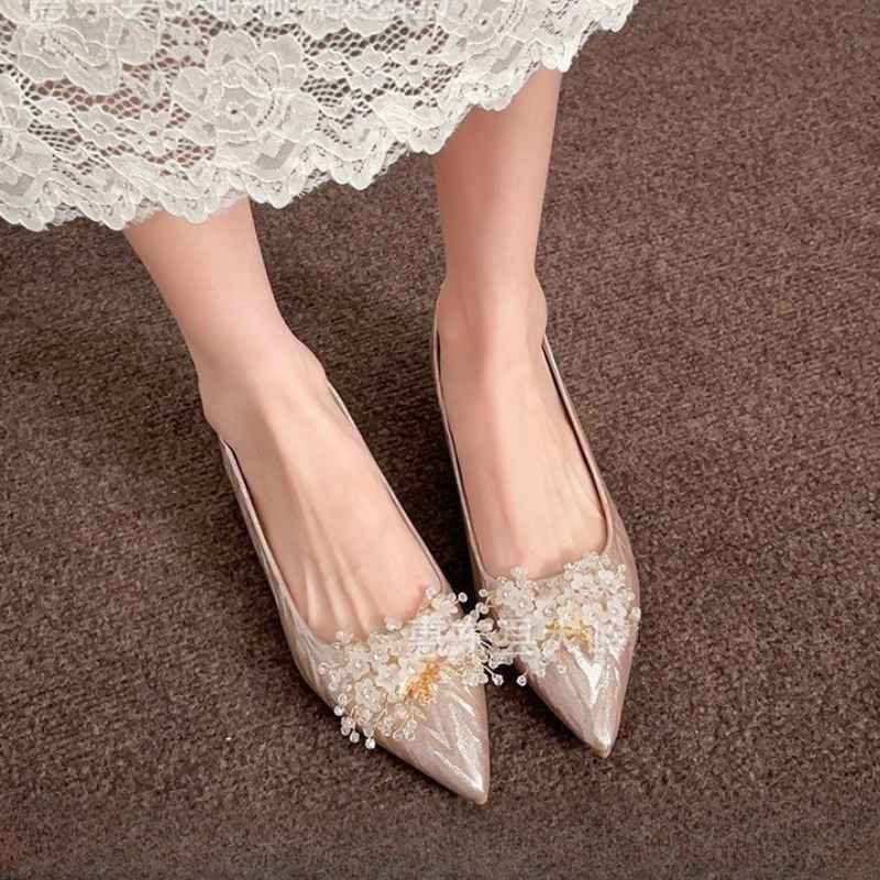 French Style Flower Beaded Heel Pump Shoe - Beige