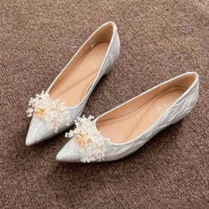 French Style Flower Beaded Heel Pump Shoe – Silver