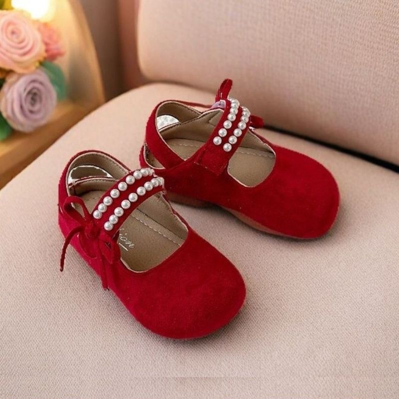 Korean Style Pearl Bow Little Princess Shoes - Red