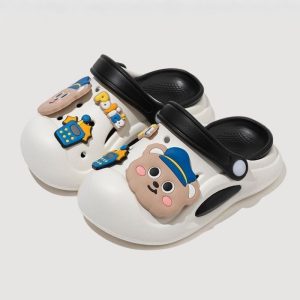 Officer Bear Non-slip Kids Cartoon Clog Shoe – Black White