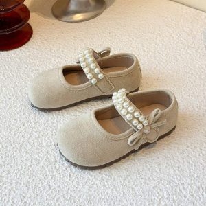 Korean Style Pearl Bow Little Princess Shoe – Beige